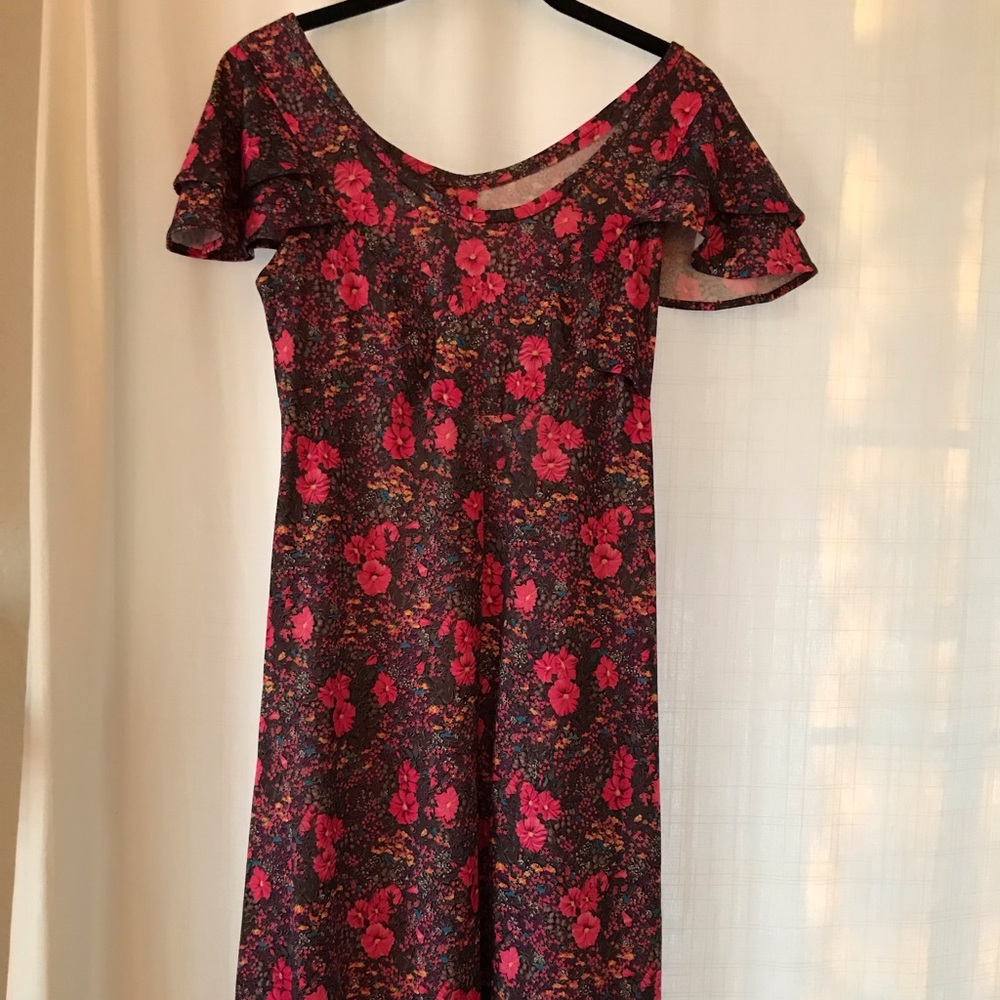 Vintage floral multicolor midi dress ruffle sleeve